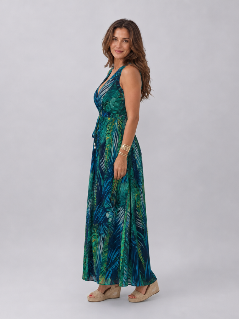 Vestido midi de verão em algodão, sem mangas, com flores, elegante, evasê e comprido.