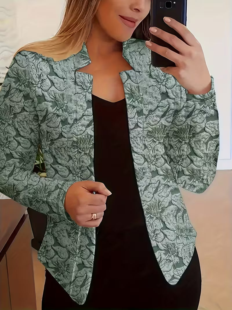 Marynarka damska w kwiaty bez zapięcia z wyrazistym kołnierzem z poliestru elegancka na jesień