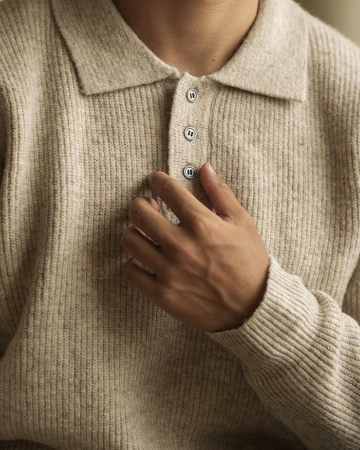 Męski sweter polo bawełniany elastyczna dzianina jesienny z długim rękawem