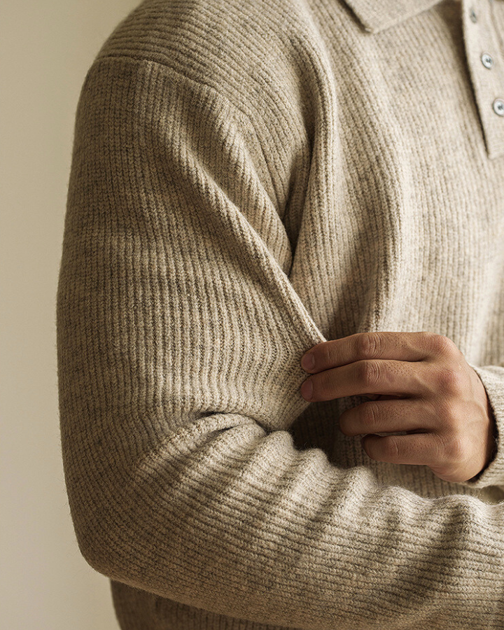 Męski sweter polo bawełniany elastyczna dzianina jesienny z długim rękawem