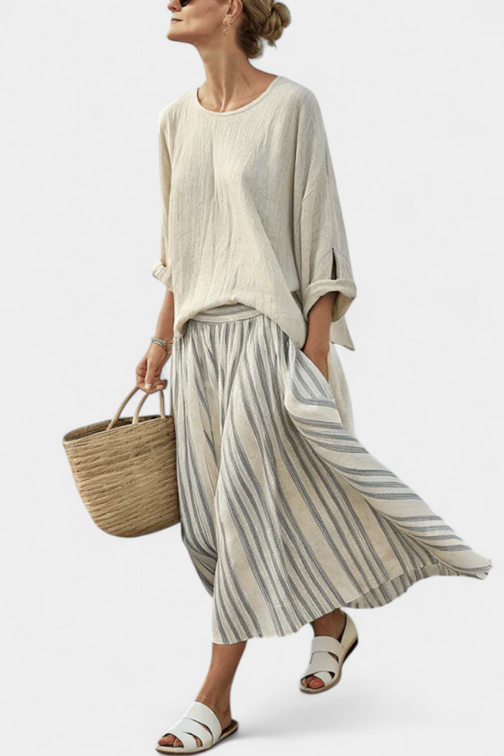 Conjunto feminino de verão com blusa solta e saia midi às riscas em linho e algodão