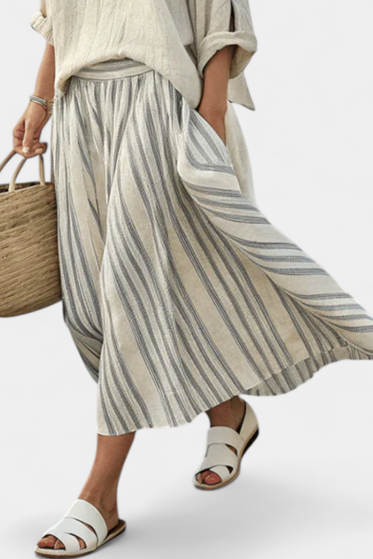 Conjunto feminino de verão com blusa solta e saia midi às riscas em linho e algodão