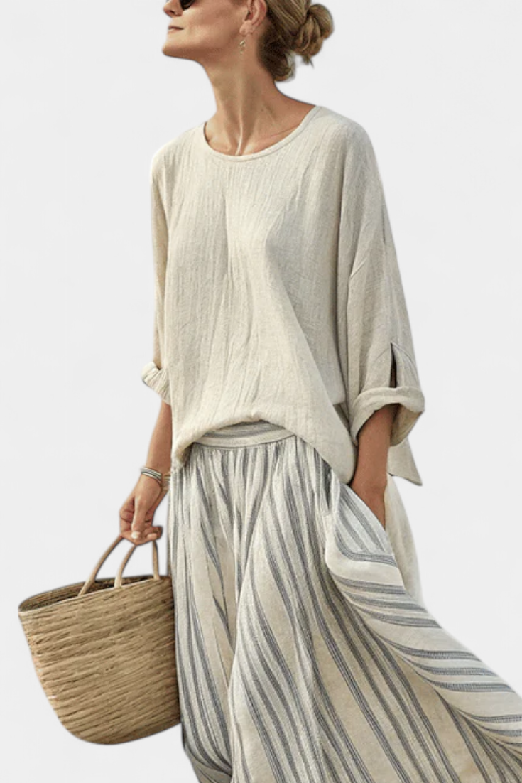 Conjunto feminino de verão com blusa solta e saia midi às riscas em linho e algodão