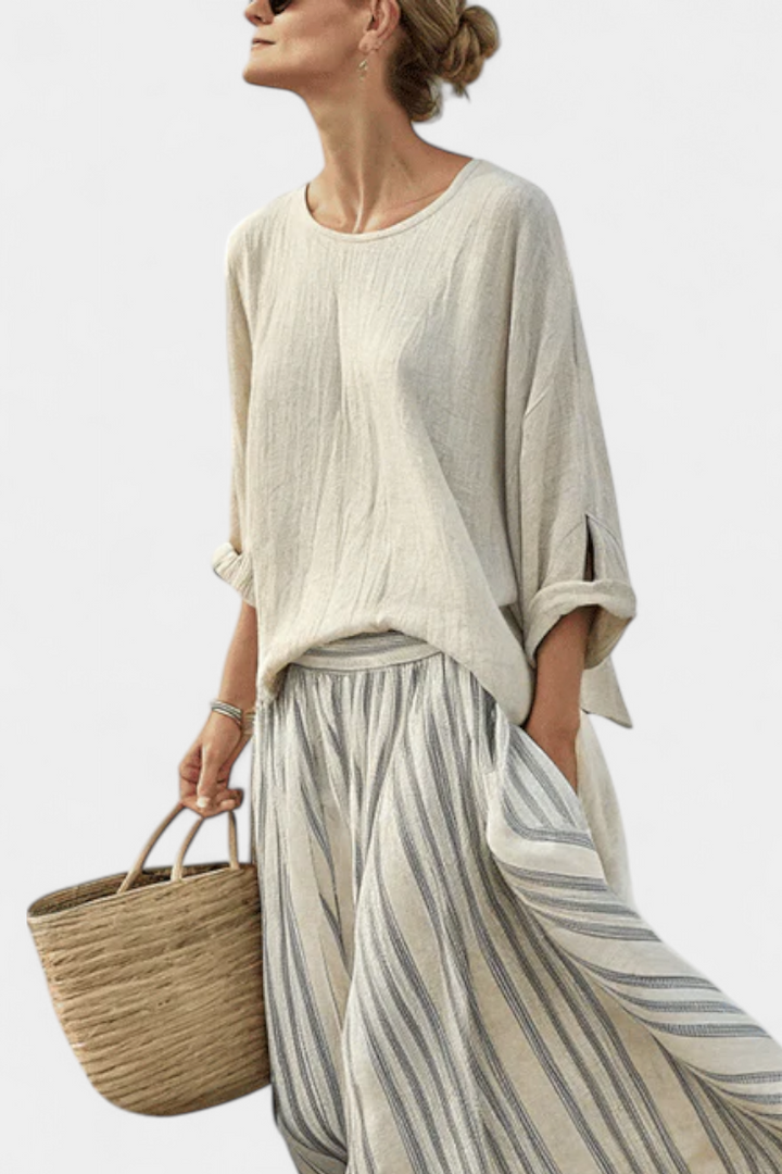 Conjunto feminino de verão com blusa solta e saia midi às riscas em linho e algodão