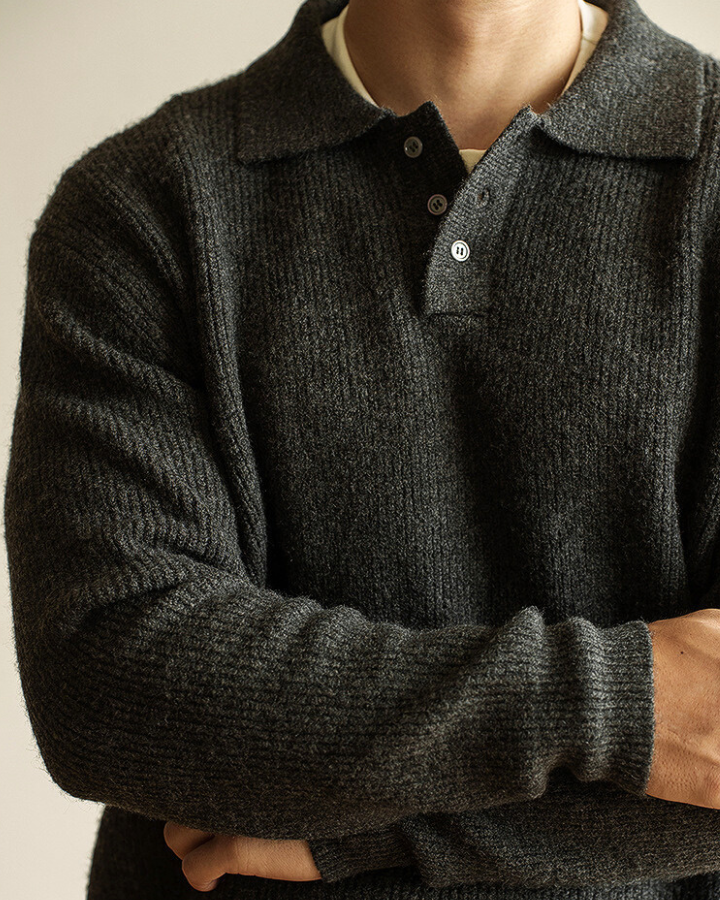 Męski sweter polo bawełniany dzianinowy prążkowany jesienny z długim rękawem