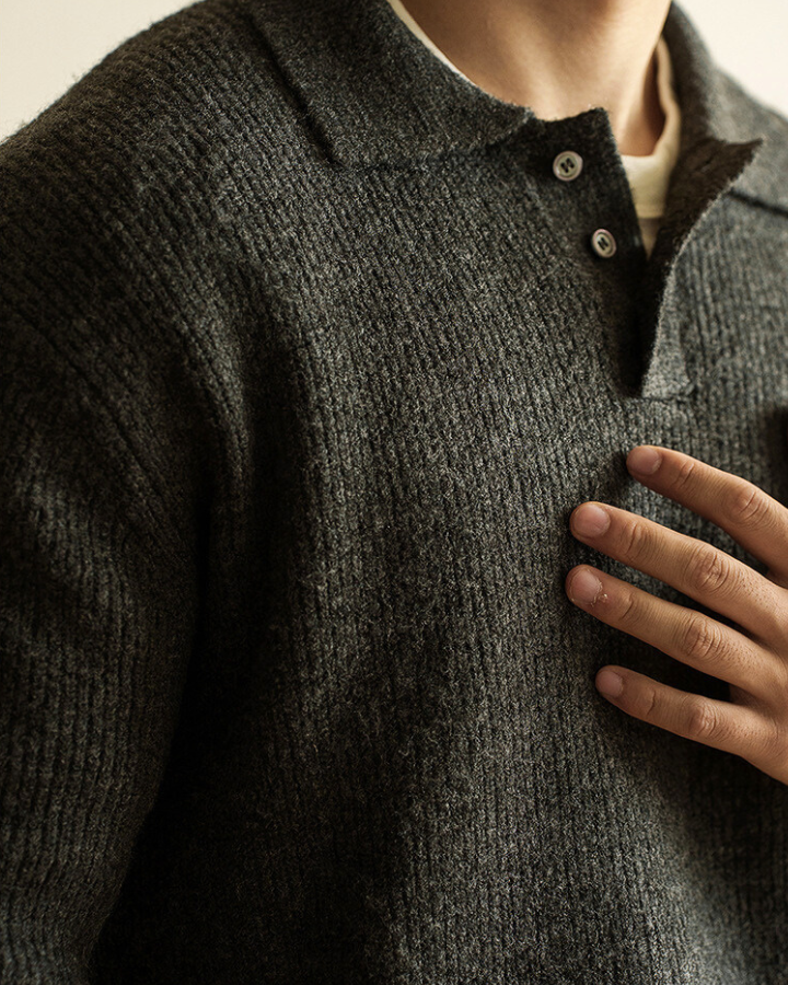 Męski sweter polo bawełniany dzianinowy prążkowany jesienny z długim rękawem