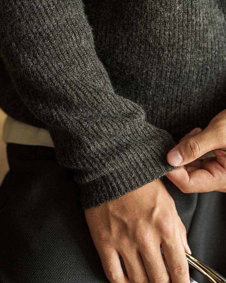Męski sweter polo bawełniany dzianinowy prążkowany jesienny z długim rękawem