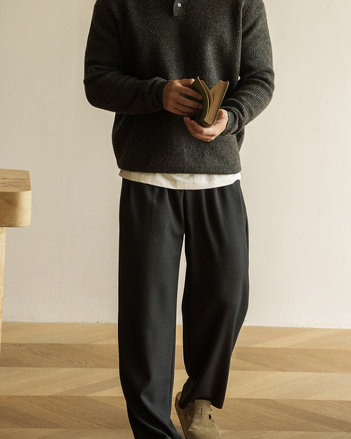Męski sweter polo bawełniany dzianinowy prążkowany jesienny z długim rękawem