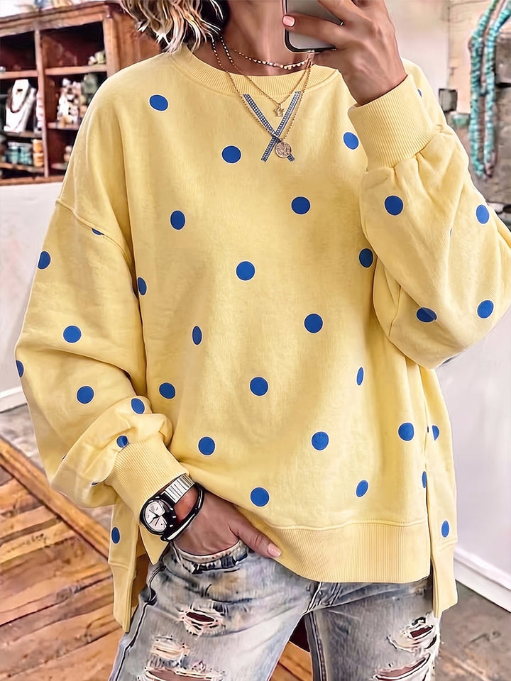 Bluza damska oversize w groszki z okrągłym dekoltem z mieszanki bawełny casualowa na jesień