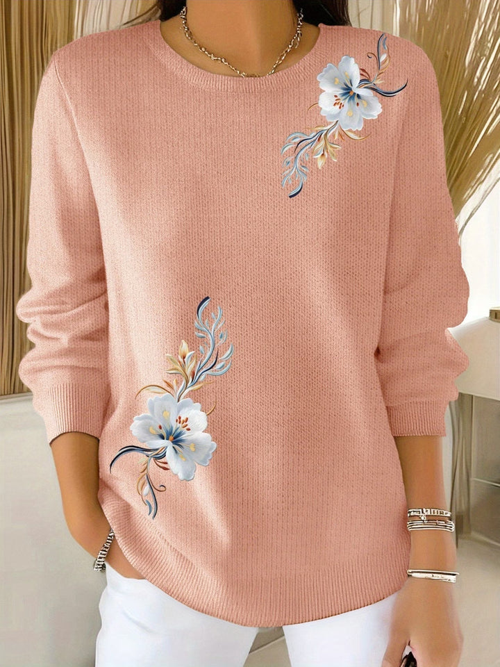 Sweter damski z dzianiny z nadrukiem w kwiaty i okrągłym dekoltem luźny casualowy na jesień