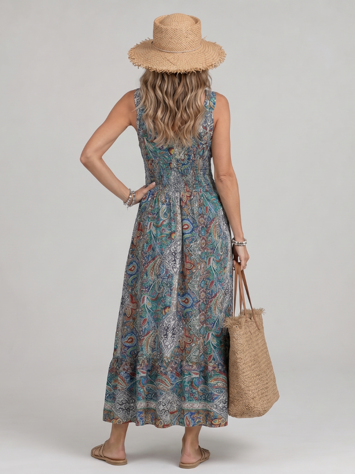 Vestido midi de verão feminino em algodão, sem mangas, leve, elegante, para ocasiões especiais, comprido.