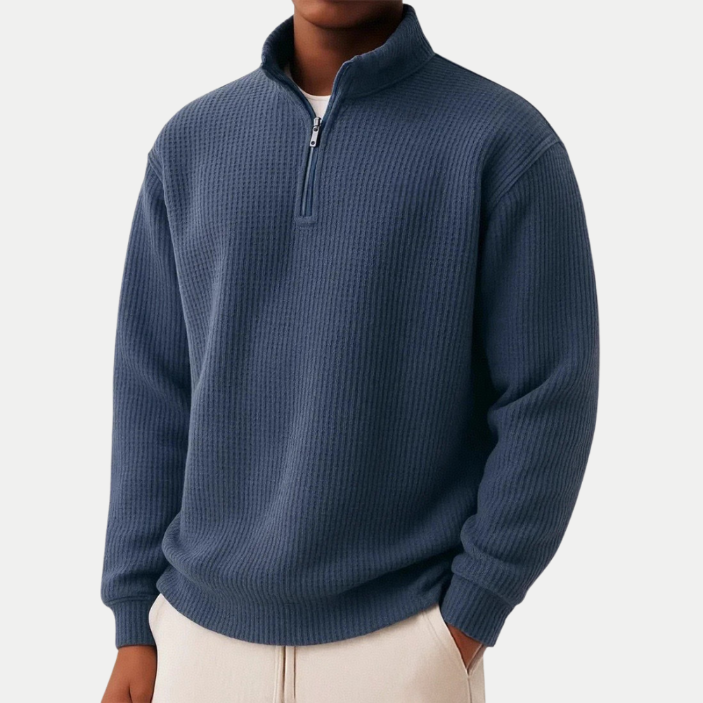 Męski sweter wełniany z zamkiem pod szyją prążkowany jesienny casual