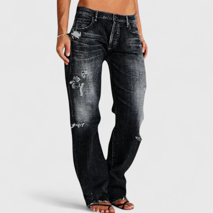 Jeansy damskie bootcut z przetarciami bawełniane jesienne