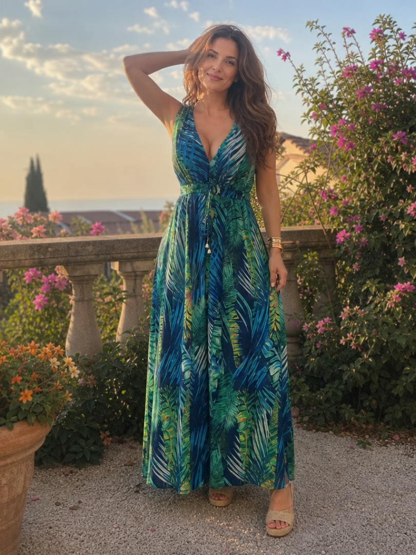 Vestido midi de verão em algodão, sem mangas, com flores, elegante, evasê e comprido.