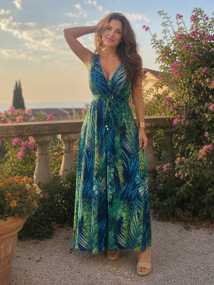 Vestido midi de verão em algodão, sem mangas, com flores, elegante, evasê e comprido.