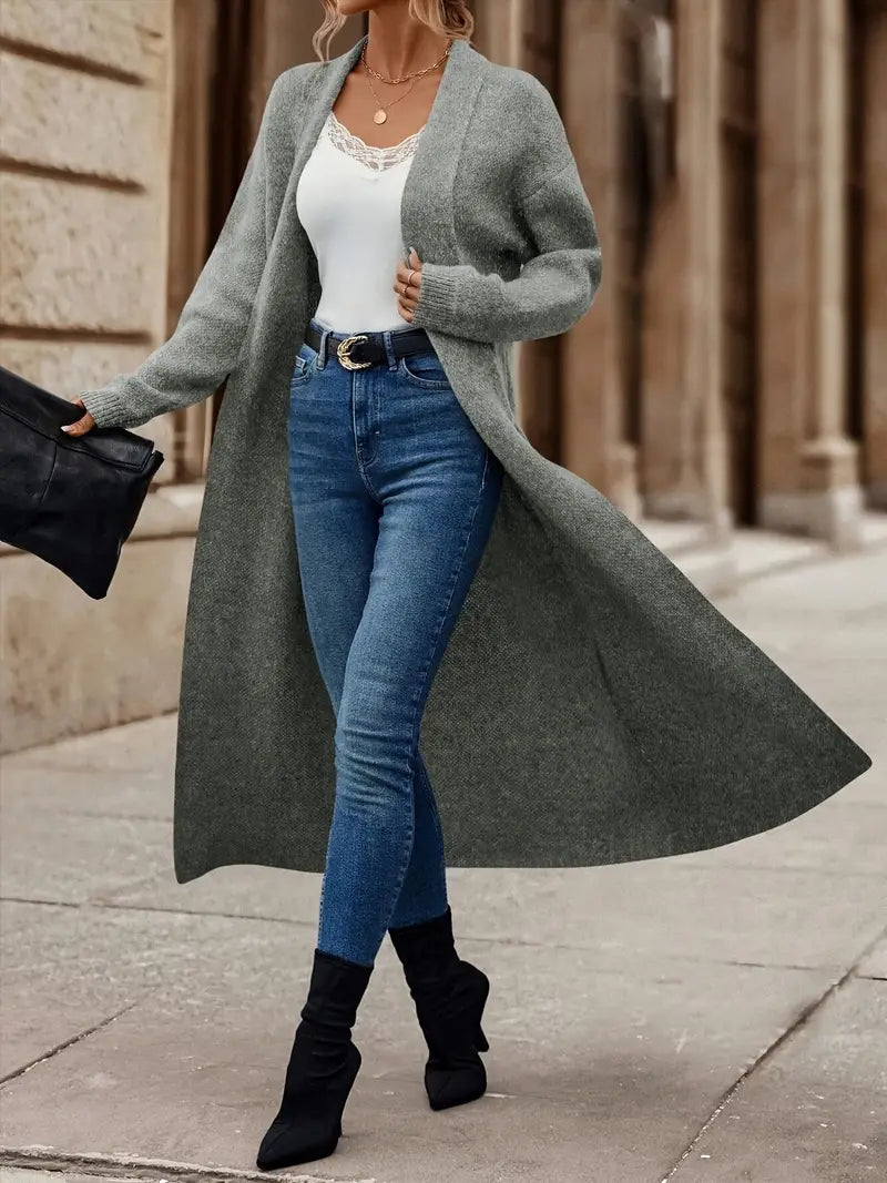 Kardigan damski długi wełniany wiosenny elegancki sweter damski narzutka knit