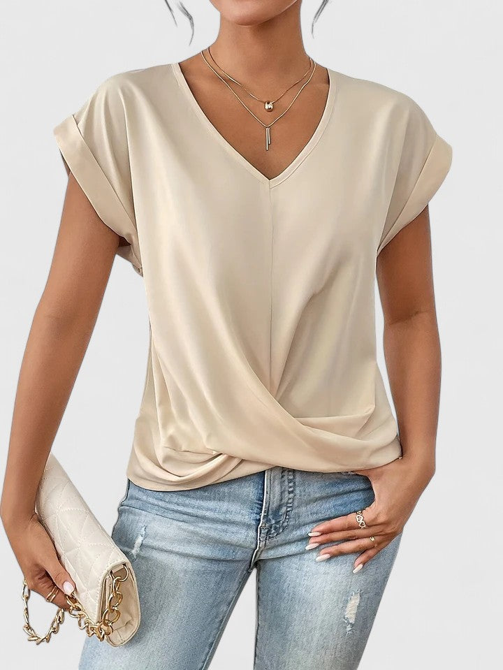 Top feminino de algodão com decote em V, elegante, com detalhe torcido para o outono
