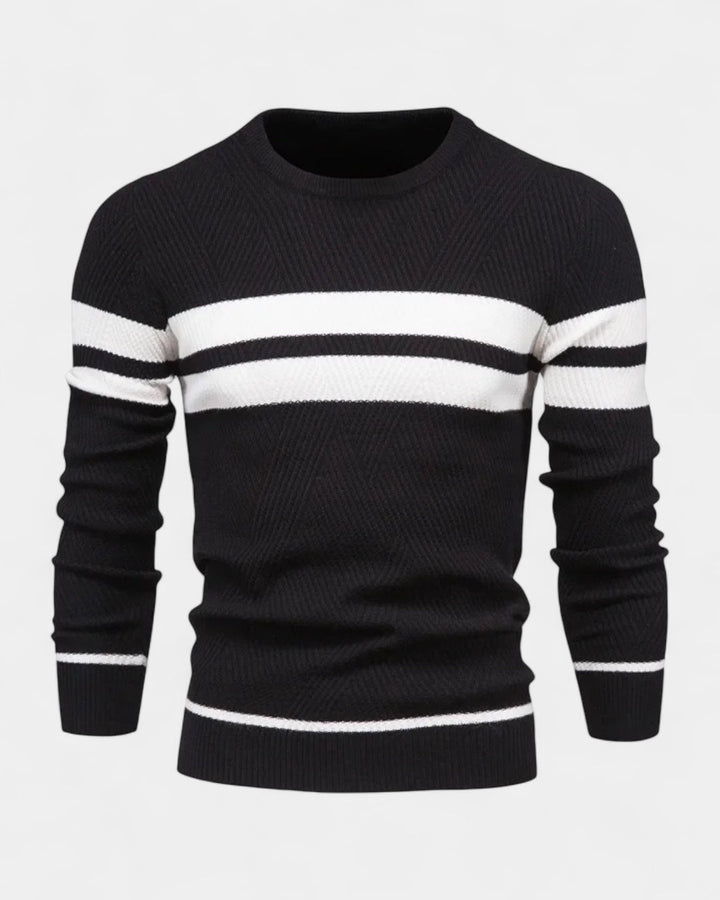 Męski sweter bawełniany w paski okrągły dekolt slim fit jesienny
