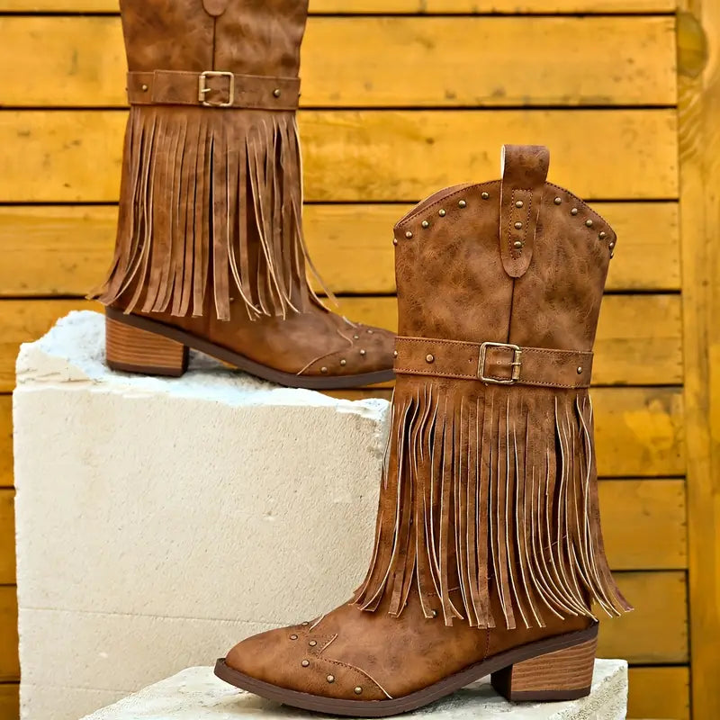Dámské kožené kotníkové boty jarní kovbojky s třásněmi elegantní casual boho