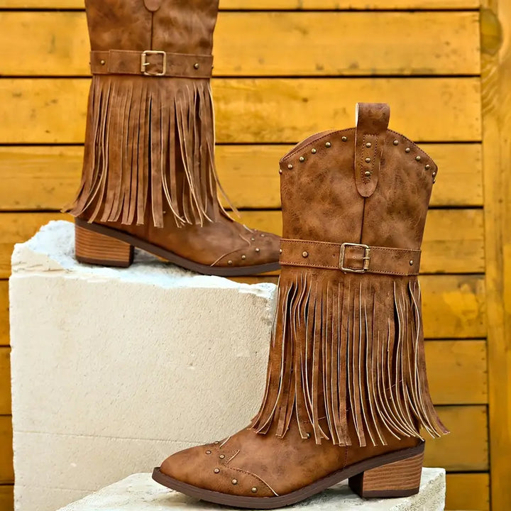 Dámské kožené kotníkové boty jarní kovbojky s třásněmi elegantní casual boho