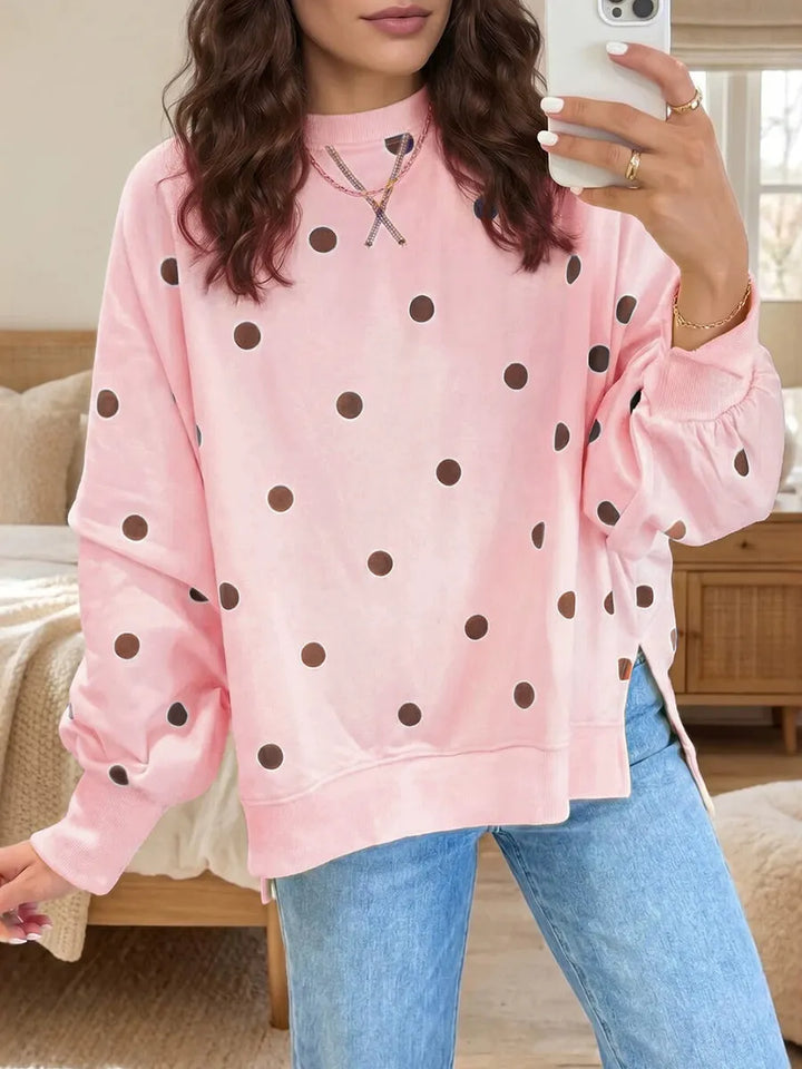 Bluza damska oversize w groszki z okrągłym dekoltem z mieszanki bawełny casualowa na jesień