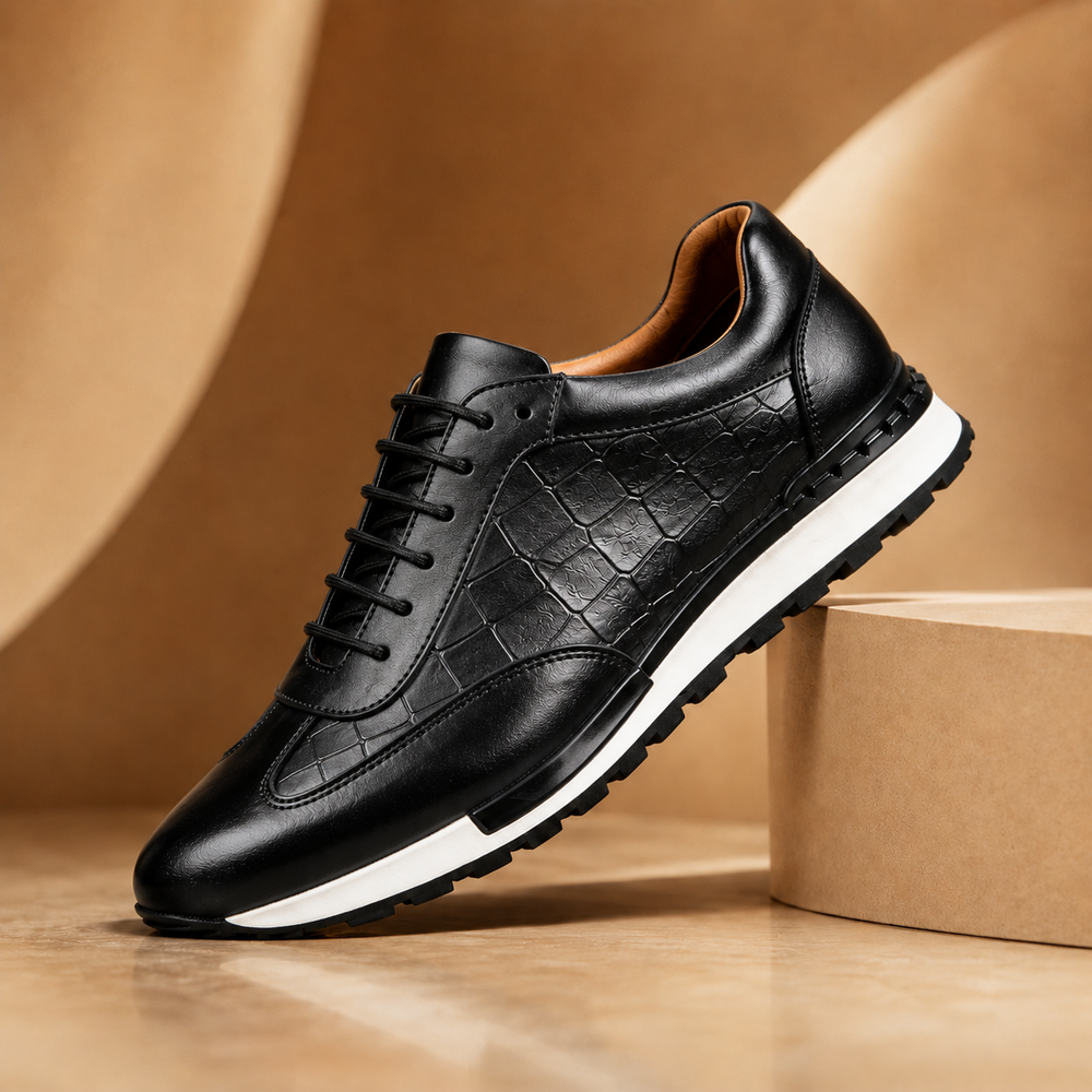 Sneakersy męskie ze skóry naturalnej z tłoczeniem w krokodyla sznurowane casualowe na jesień