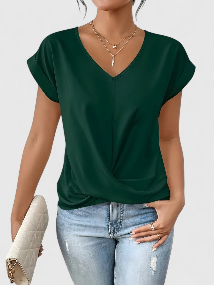 Top feminino de algodão com decote em V, elegante, com detalhe torcido para o outono