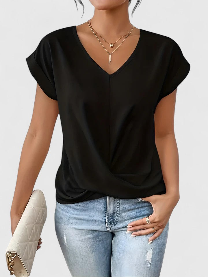 Top feminino de algodão com decote em V, elegante, com detalhe torcido para o outono