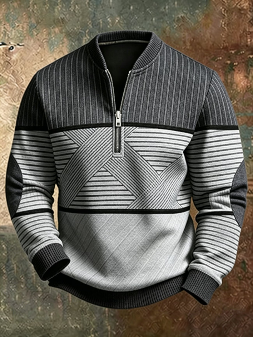 Bluza męska ze stójką i krótkim zamkiem we wzór geometryczny casualowa na jesień i chłodne dni
