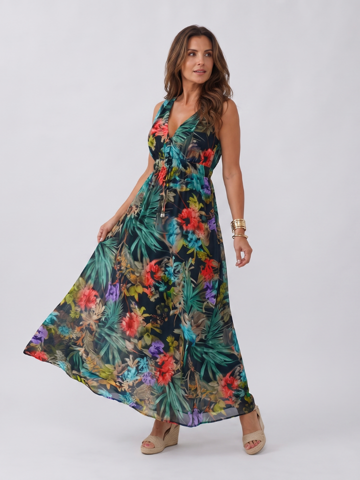 Vestido midi de verão em algodão, sem mangas, com flores, elegante, evasê e comprido.