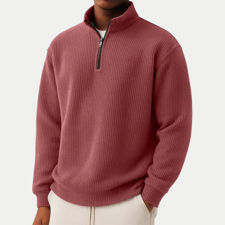 Męski sweter wełniany z zamkiem pod szyją prążkowany jesienny casual