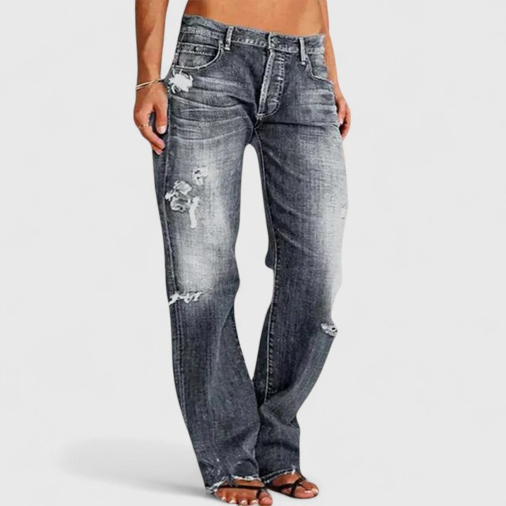 Jeansy damskie bootcut z przetarciami bawełniane jesienne