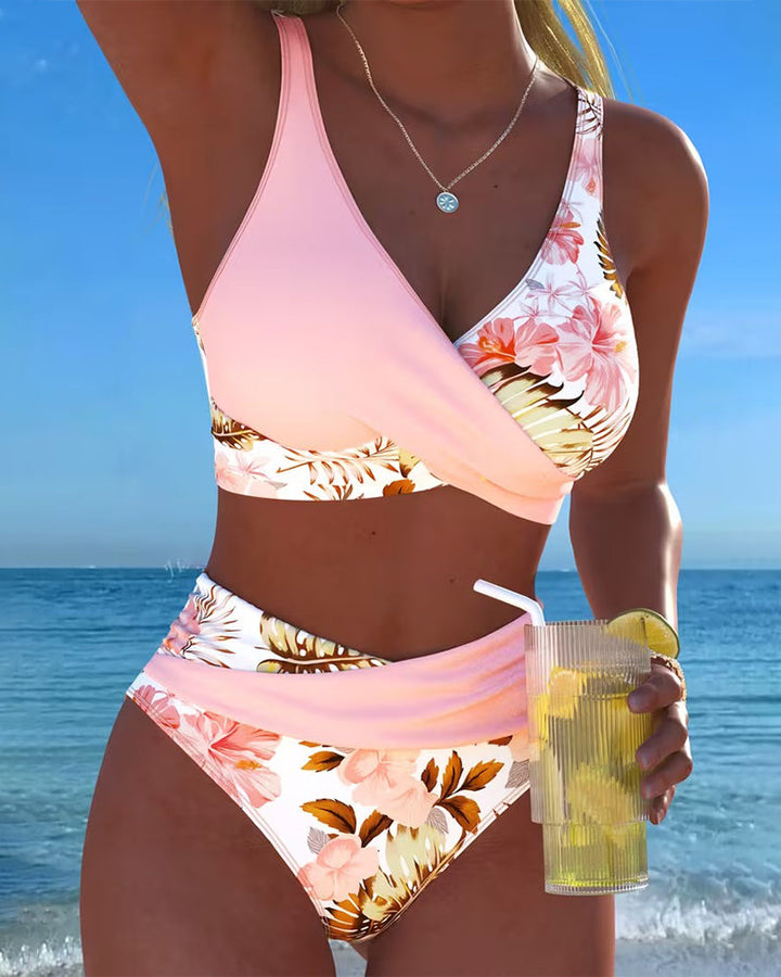 Bikini damskie z wysokim stanem w kwiatowy wzór dwuczęściowy strój kąpielowy na lato