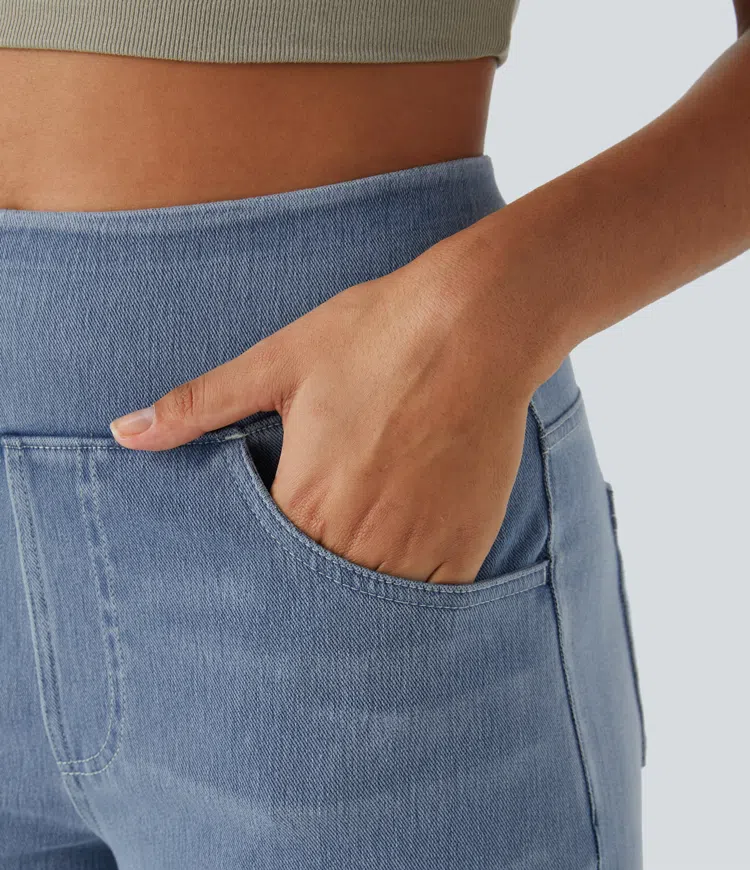 Damskie elastyczne jeansy z wysokim stanem i szerokimi nogawkami, jesienne casualowe spodnie jeansowe