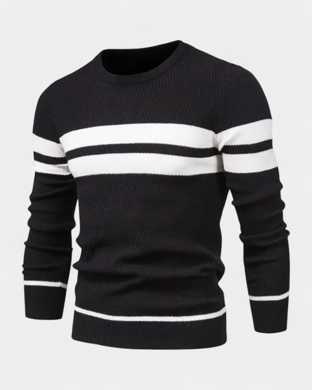 Męski sweter bawełniany w paski okrągły dekolt slim fit jesienny