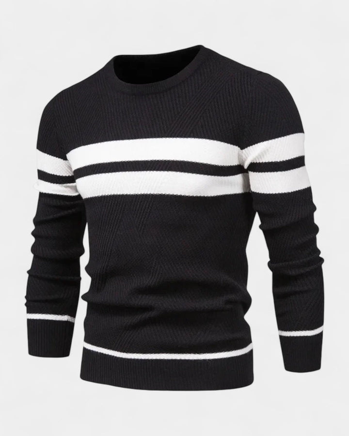 Męski sweter bawełniany w paski okrągły dekolt slim fit jesienny