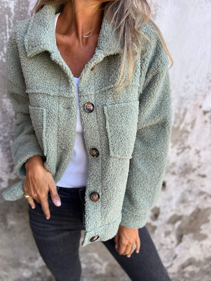 Kurtka damska fleece oversize na jesień i zimę zapinana z kołnierzem casual