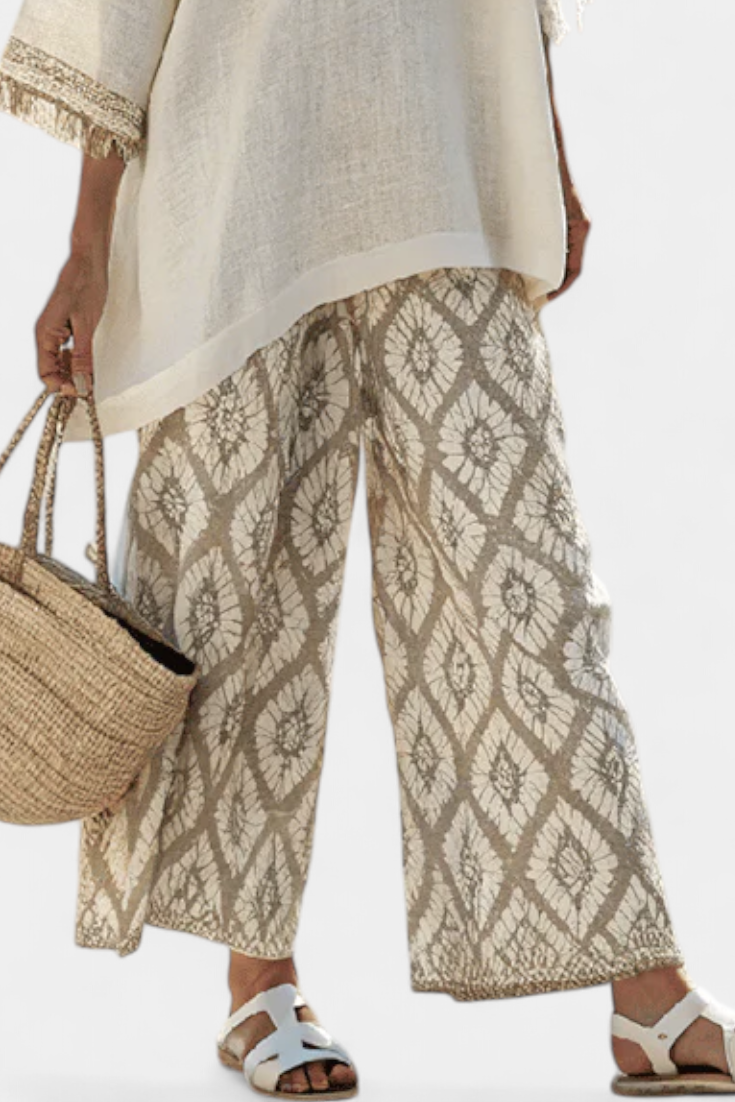 Komplet damski na lato z eleganckim topem i luźnymi spodniami w stylu boho z bawełny