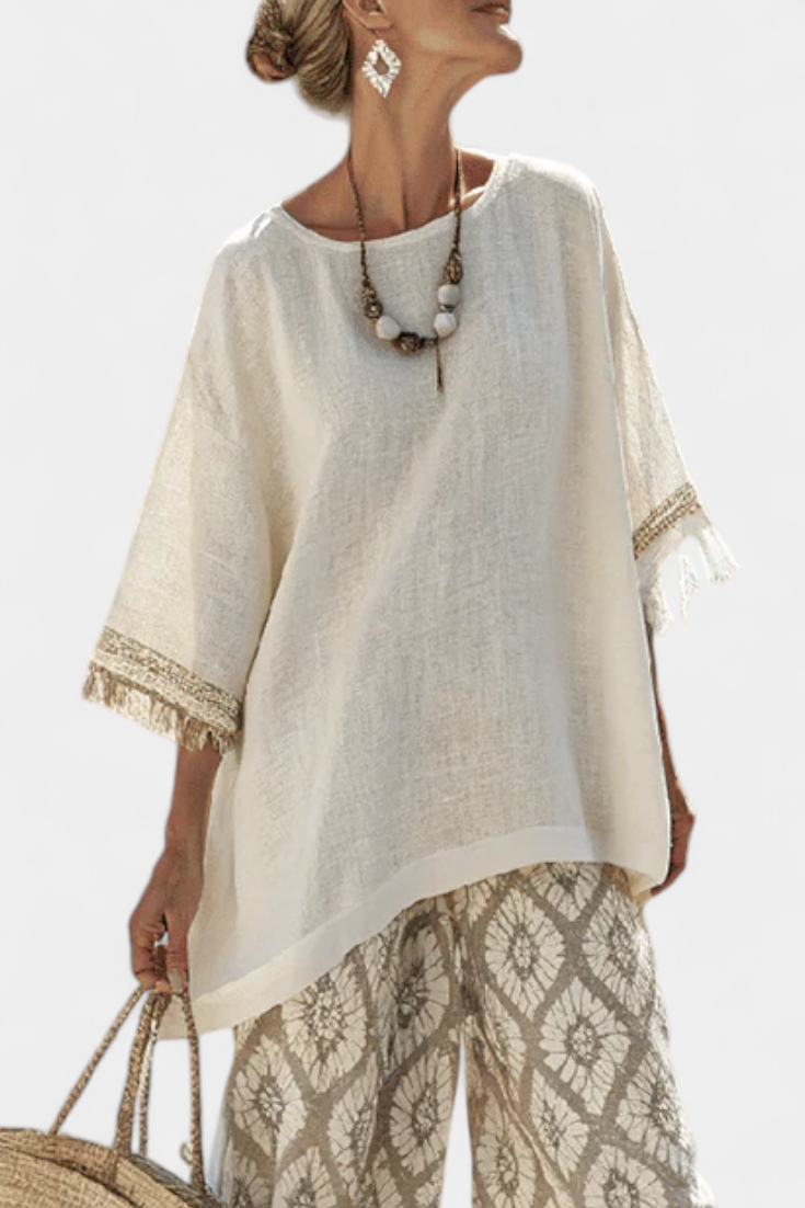 Komplet damski na lato z eleganckim topem i luźnymi spodniami w stylu boho z bawełny
