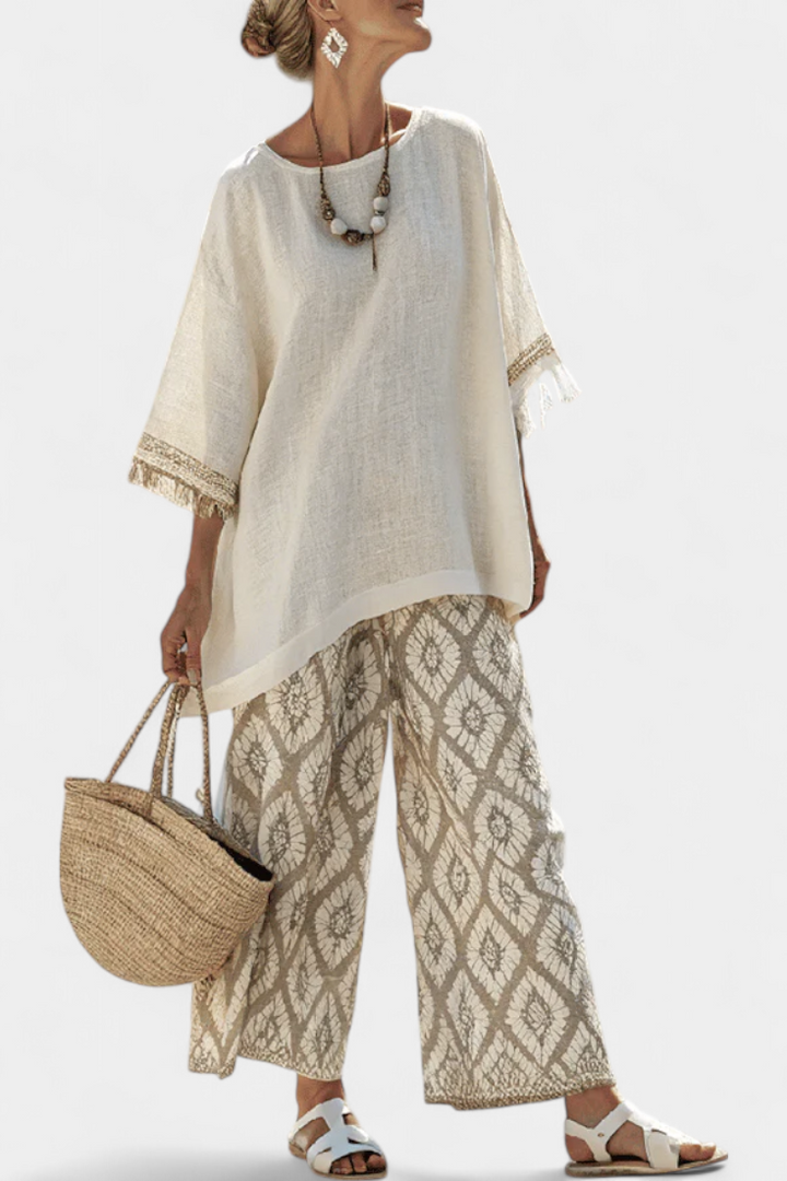 Komplet damski na lato z eleganckim topem i luźnymi spodniami w stylu boho z bawełny