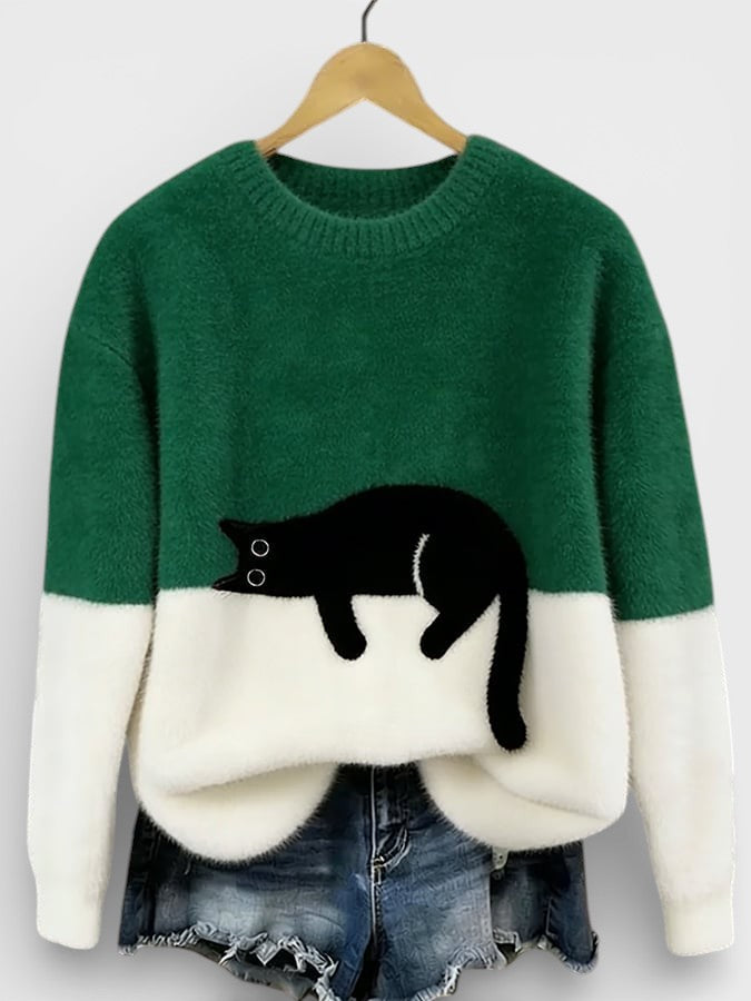 Sweter damski z bawełny z motywem kota na jesień, luźny krój codzienny