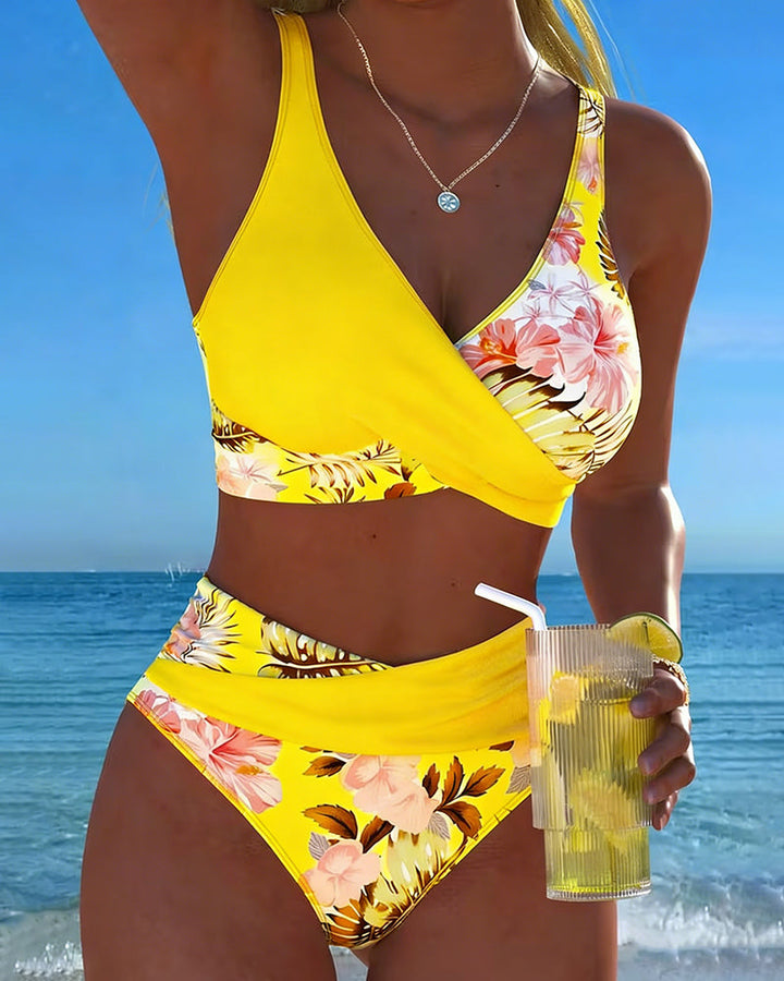 Bikini damskie z wysokim stanem w kwiatowy wzór dwuczęściowy strój kąpielowy na lato