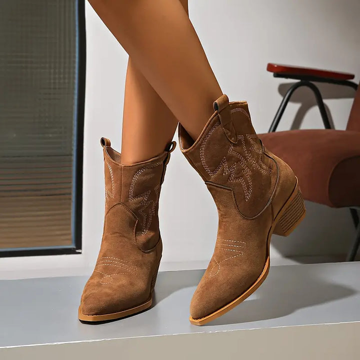 Julia - elegant embroidered western boots for women in ruby red