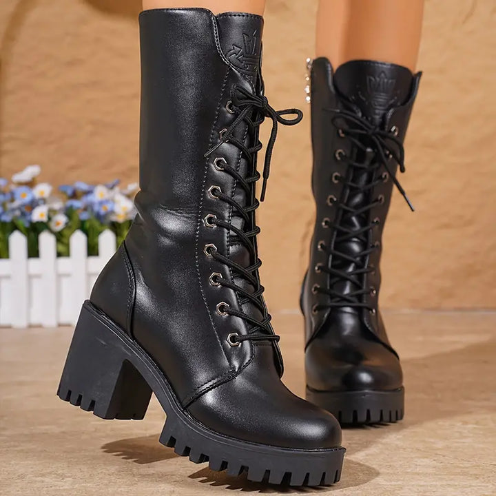 Women's leather ankle boots with heels lace-up fashionable spring elegant casual