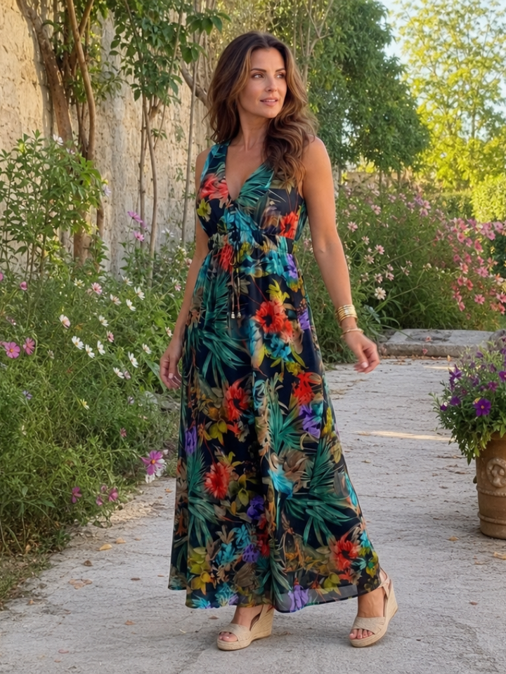 Vestido midi de verão em algodão, sem mangas, com flores, elegante, evasê e comprido.