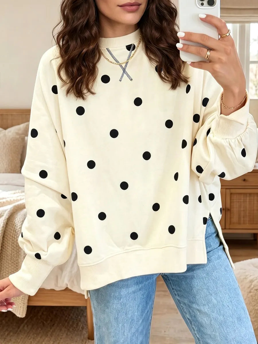 Bluza damska oversize w groszki z okrągłym dekoltem z mieszanki bawełny casualowa na jesień
