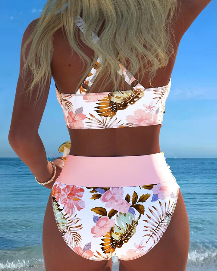 Bikini damskie z wysokim stanem w kwiatowy wzór dwuczęściowy strój kąpielowy na lato