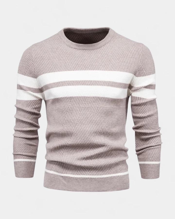 Męski sweter bawełniany w paski okrągły dekolt slim fit jesienny