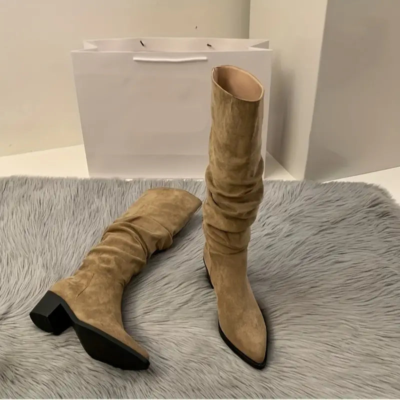 Kozaki damskie zamszowe wysokie za kolano na obcasie wiosenne eleganckie