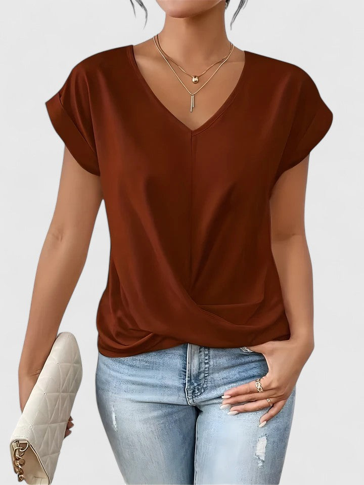 Top feminino de algodão com decote em V, elegante, com detalhe torcido para o outono